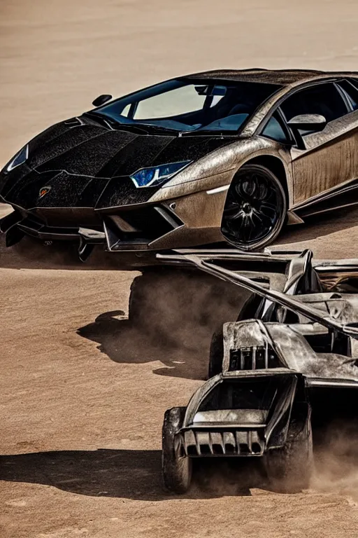 Prompt: Lamborghini Aventador in Mad Max Fury Road.