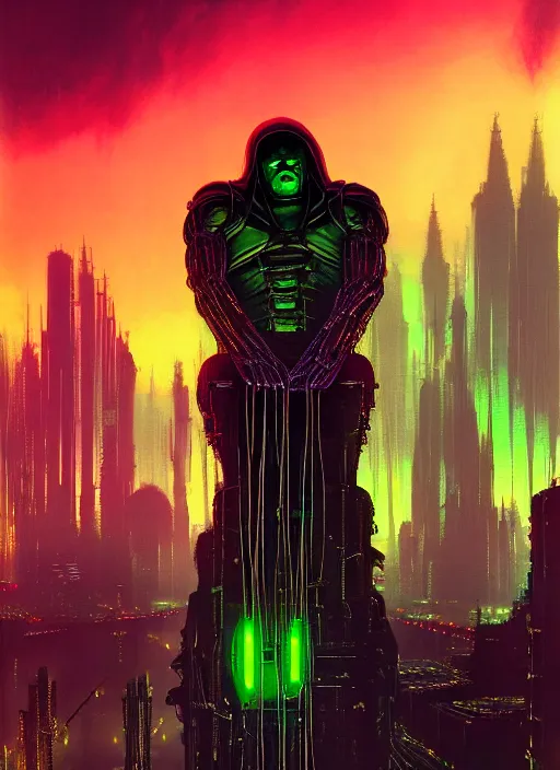 Image similar to poster of dr doom from inside wires futuristic city, beautiful neon drones, cinematic, highly detailed, photorealistic, rich bright colors, trending on artstation, giger, tsutomu nihei, trending on cgsociety, awe inspiring bruce pennington cityscape, digital art painting of 1 9 6 0 s