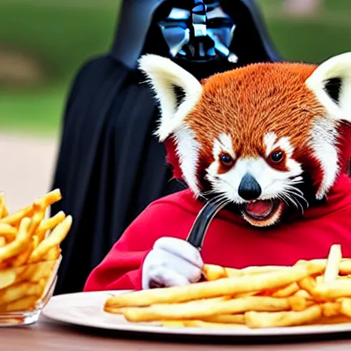 Image similar to red panda darth vader eating fries