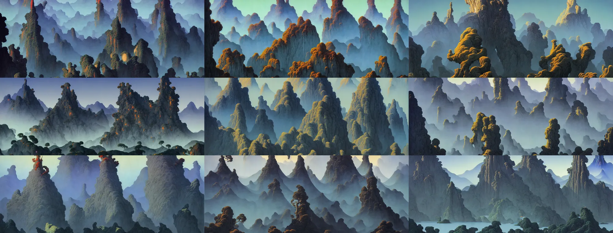 Image similar to a gorgeous landscape painting by barlowe wayne maxfield parrish and marco mazzoni. fantasy tea mountain in china. grey blue. ultra clear detailed. 3 d, octane render. turbulent blood lake. 8 k