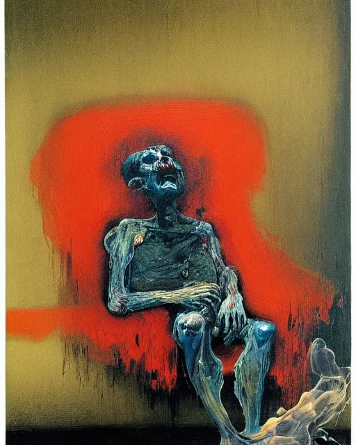 Prompt: thick flowing expressive acrylic painting of an old dead figure sitting on a couch in an old apartment watching the dog on fire,  Beksinski painting, part by Francisco Goya and Gerhard Rich⁷⁷ter. art by James Jean, Francis Bacon masterpiece