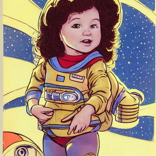 Prompt: a cute little girl with a mischievous face and short brown wavy curly hair. she is dressed as an astronaut. well composed, clean elegant painting, beautiful detailed face. comic book art by steve ditko and jack kirby and ( greg rutkowski )