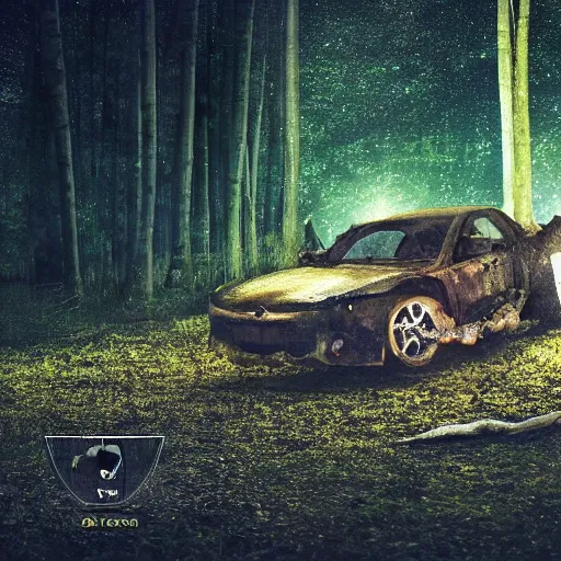 Prompt: a creature in the woods in the night destroying a abandoned car, google parti resolution, dall - e 2 resolution