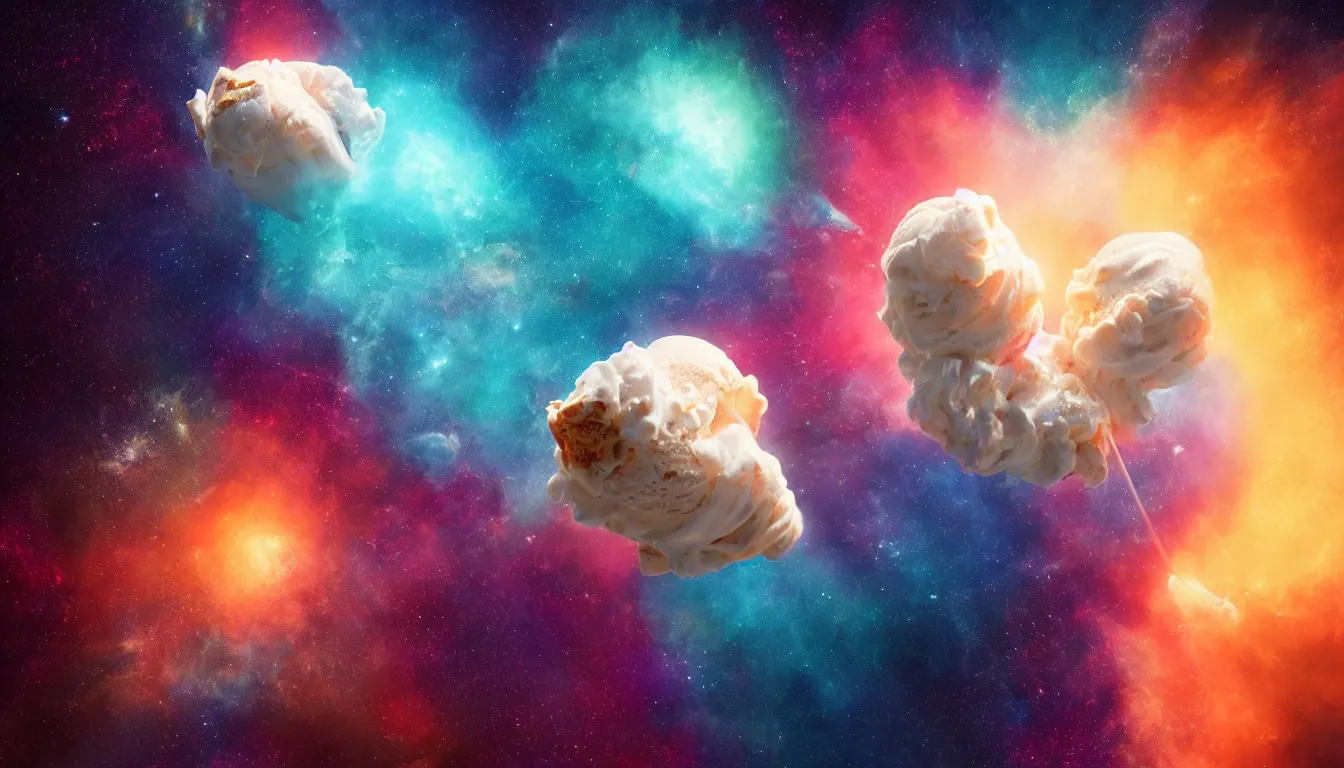 Prompt: dramatic render of a galaxy flavoured ice cream cone floating in space, radiating with a supernova of flavors, cgsociety, artstation, 4 k