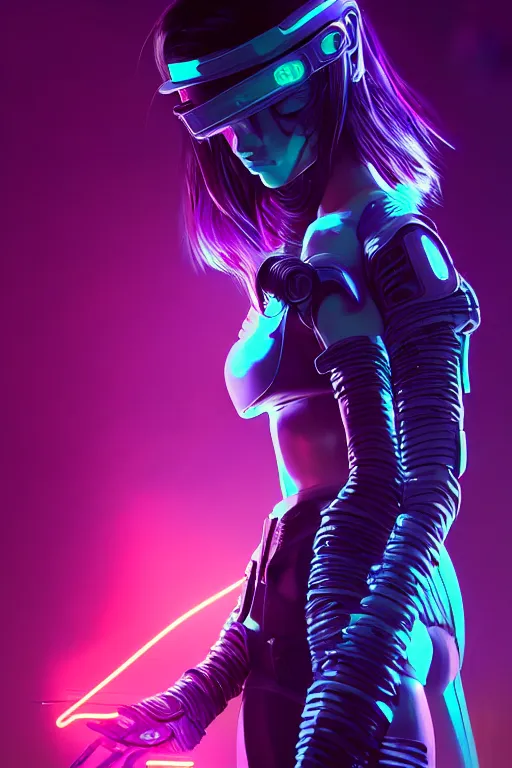 Image similar to portrait futuristic dreaming cyberpunk female ninja, in futuristic neon light and firefly tokyo rooftop cyberpunk night, ssci-fi, fantasy, intricate, very very beautiful, elegant, neon light, highly detailed, digital painting, artstation, concept art, soft light, hdri, smooth, sharp focus, illustration, art by tian zi and craig mullins and WLOP and alphonse mucha