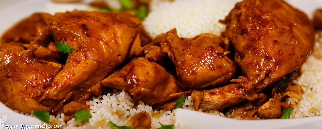 Prompt: chicken adobo from a restaurant, depth of field, food photography, isometric, tasty, wide shot, studio, bokeh, gmaster, cooking, food, kodak, sony, canon