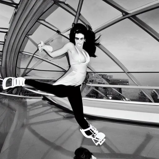 Prompt: Katy Perry rollerblading in the Guggenheim rotunda, by H.R. Giger