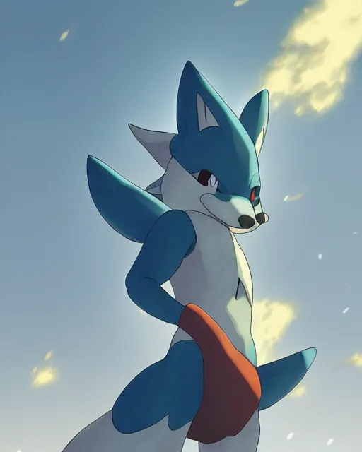 Image similar to lucario, full shot, atmospheric lighting, detailed face, by makoto shinkai, stanley artger m lau, wlop, rossdraws, james jean, andrei riabovitchev, marc simonetti, krenz c