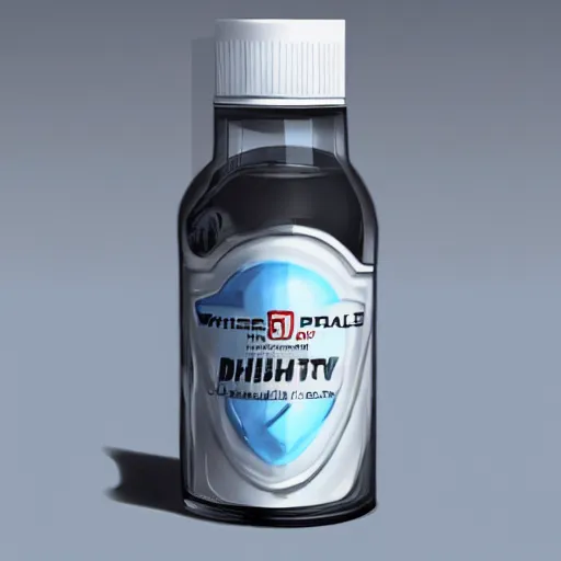 Image similar to concept art of white dietary supplement designed by porsche and richard mille in a transparent bottle with big black sticker on it, by aenaluck, artgerm and roberto ferri and greg rutkowski, light blue and white tones, digital painting, artstation, concept art, smooth, sharp foccus ilustration hq