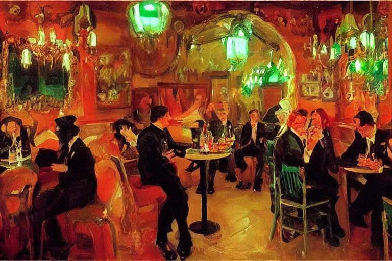 Image similar to glam rockers drinking wine, inside a green saloon with red lights by joaquin sorolla, greg rutkowski, bill sienckiwicz, extremely detailed