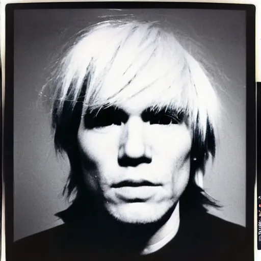 Image similar to Mugshot Portrait of Andy Warhol, taken in the 1970s, photo taken on a 1970s polaroid camera, grainy, real life, hyperrealistic, ultra realistic, realistic, highly detailed, epic, HD quality, 8k resolution, body and headshot, film still, front facing, front view, headshot and bodyshot, detailed face, very detailed face