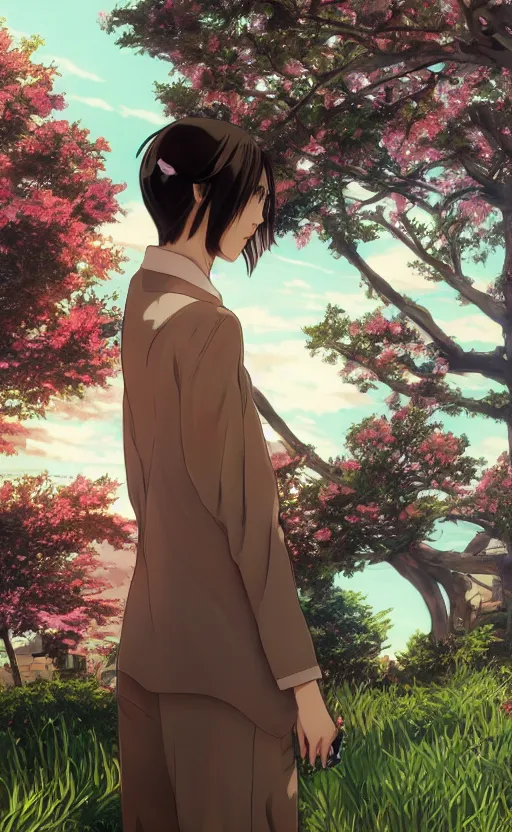 Image similar to anime style, gta 5, a girl, yukata clothing, sakura tree in background, brown short hair, hair down, symmetrical facial features, from arknights, hyper realistic, rule of thirds, extreme detail, 4 k drawing, safebooru, realistic lighting, by alphonse mucha, greg rutkowski, sharp focus, backlit