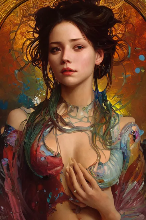 Prompt: an hiper intricate oil painting of a beautifull woman surounded by melting colorfull wax drips, colorfull, excelent composition, wide shot, by yoshitaka amano, by greg rutkowski, by alphonse mucha by jeremyg lipkinng, by rhads, by ross tran, artstation, octane render