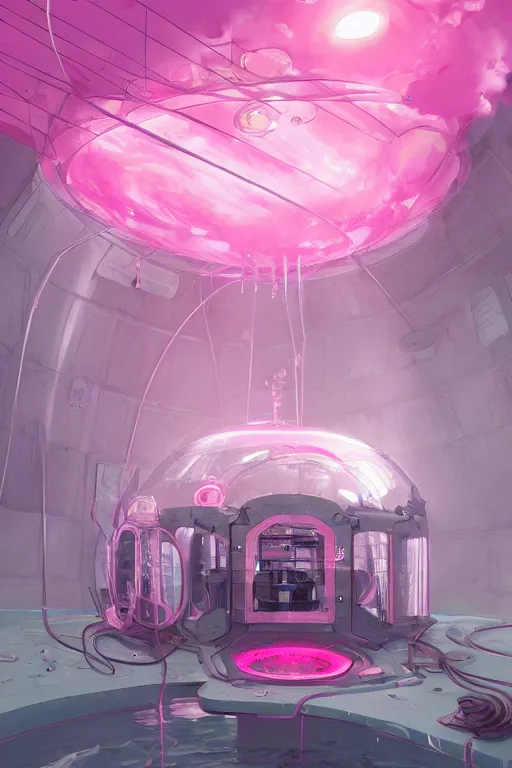 Prompt: Enclosed Chamber being Flooded with Pink Vapor, Machinery, digital art, trending on artstation, celshaded, cute, professional illustration, fantasy, magic