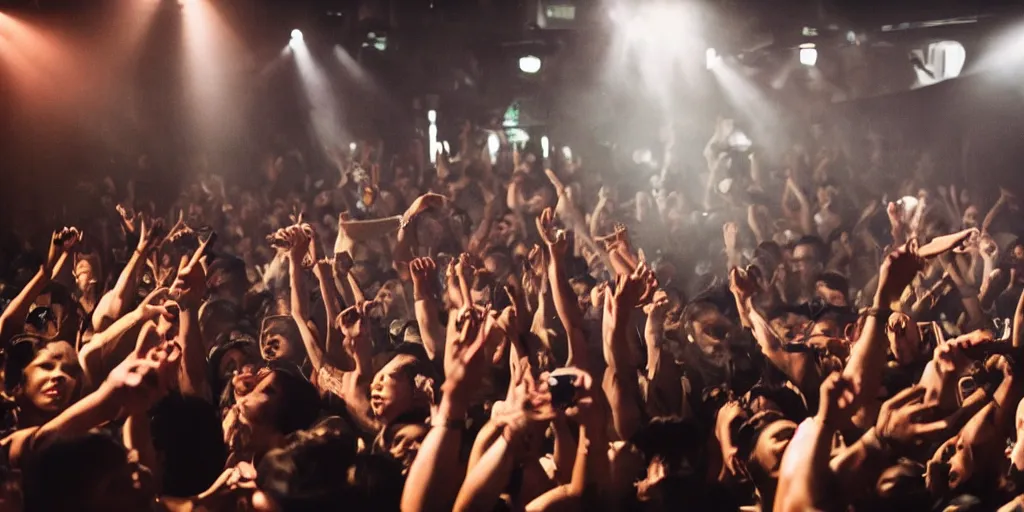 Prompt: A grime rapper performs to a small crowd in a Filipino nightclub, 35m film