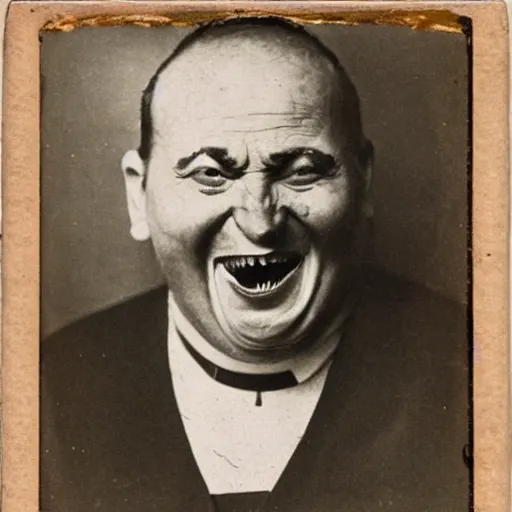 Image similar to antique photograph of an evil catholic priest, cracked and faded photo paper, morbidly obese, crazy eyes wide open, horror, staring at the camera, evil smile, sharp teeth, headshot, dark background, low light, dark