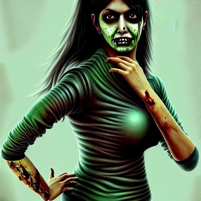 Prompt: epic professional digital airbrushed portrait art of an attractive and athletic, very slightly curvy, mid-20s East Indian supermodel emo female zombie wearing a slightly torn, slighlty low cut tee shirt under a leather jacket, with deep green eyes, scary portrait, walking dead, best on artstation, cgsociety, wlop, Behance, pixiv, cosmic, epic, stunning, gorgeous,, masterpiece by Dorian Cleavanger and Stanley Lau