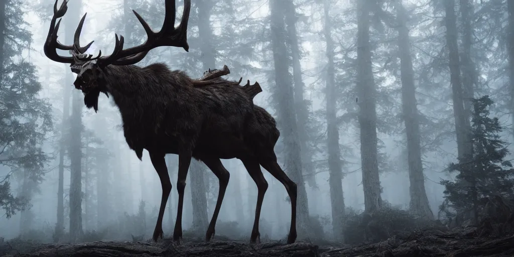 Image similar to leshen with deer skull head, and moose horns, ram skulls, grand imposing powerful sculpture. swirls of mist. occult photorealism, uhd, amazing depth, volumetric lighting, cinematic lighting. epic landscape.