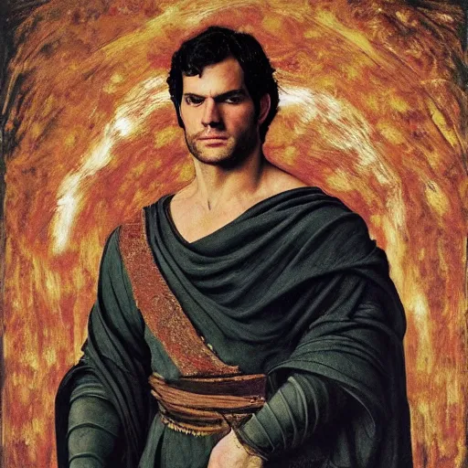 Prompt: Oil painting of the handsome Henry Cavill, he is wearing ancient greek cloths, naturalism, dramatic lighting, high-detailed oil painting by Ilya Repin, Michelangelo da Caravaggio, William Blake, Alex Grey and Beksinski, trending on Artsatio, masterpiece, 4k, 8k,