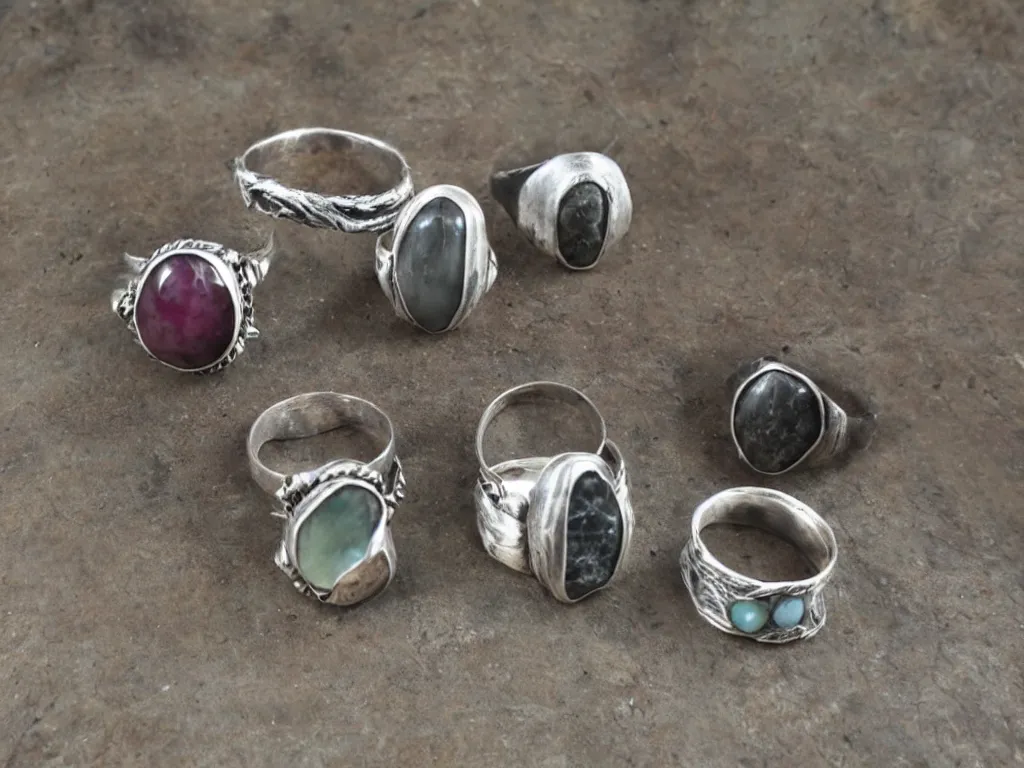 Image similar to rustic hand made rings hand crafted from silver and natural gemstones