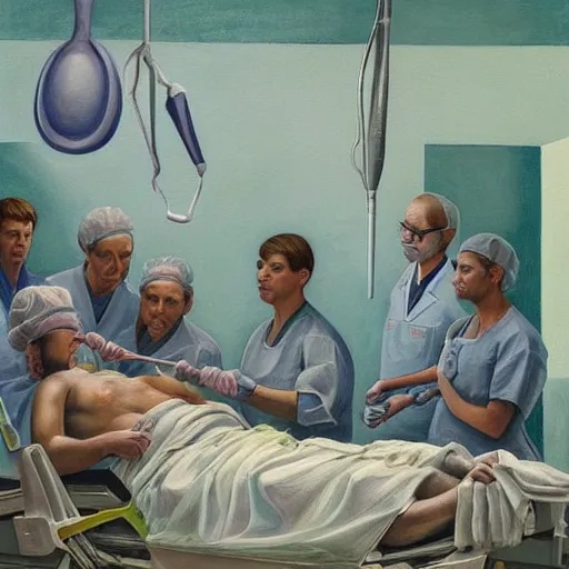 Image similar to - [ ] A beautiful painting of a team of surgeons gathered around a patient on an operating table, with one surgeon in the process of cutting into the patient\'s chest. The painting is full of intense colors and brushstrokes, conveying the urgency and intensity of the surgery. fractal manifold, Paleozoic, pastel rainbow by Gertrude Abercrombie