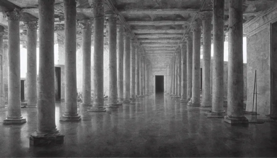 Image similar to 1 9 7 0 s andrei tarkovsky movie still of a pyramid building with columns, by piranesi, panoramic, ultra wide lens, cinematic light, anamorphic, marble hole