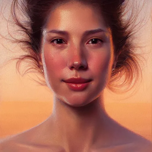 Prompt: Facial portrait of a cute shy woman, looking away from the camera, seductive smile, sparkle in eyes, mouth slightly open, lips slightly parted, long flowing hair, no hands visible, intricate, extremely detailed painting by Henry Justice Ford and by Greg Rutkowski and by Moebius, golden hour