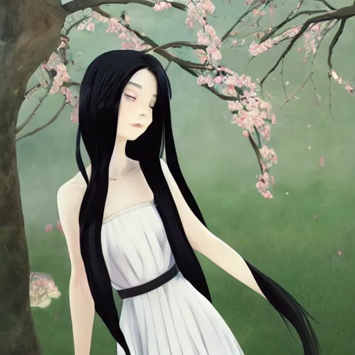 Prompt: little girl with her long black hair dressed in a simple white dress putting flowers on hair, anime art style, digital artwork made by ilya kuvshinov, inspired in balthus, hd, 4 k, hyper detailed