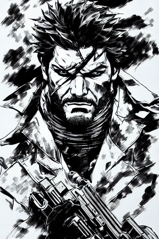 Image similar to solid snake from metal gear, sumi - e style, masterful, ultrafine hyperdetailed illustration, concept art, detailed, intricate linework, art by yoji shinkawa