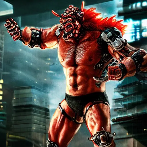 Image similar to very buff very huge very muscolar excessively big buff samurai wearing a scary Oni mask. Cybernetic cyber cybernetic cyber cyberpunk. Sci-fi movie still