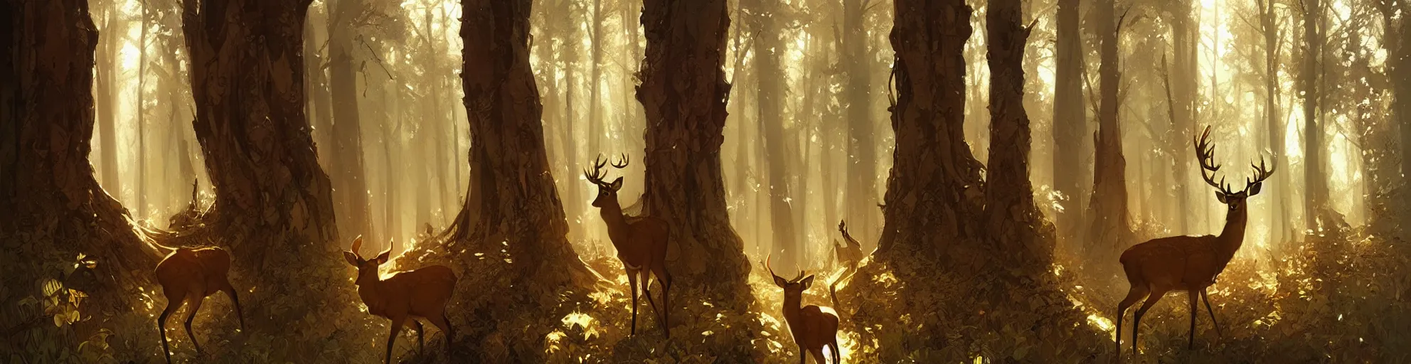 Image similar to Deer in Sherwood Forest, highly detailed, digital painting, artstation, concept art, smooth, sharp focus, illustration, art greg rutkowski and alphonse mucha