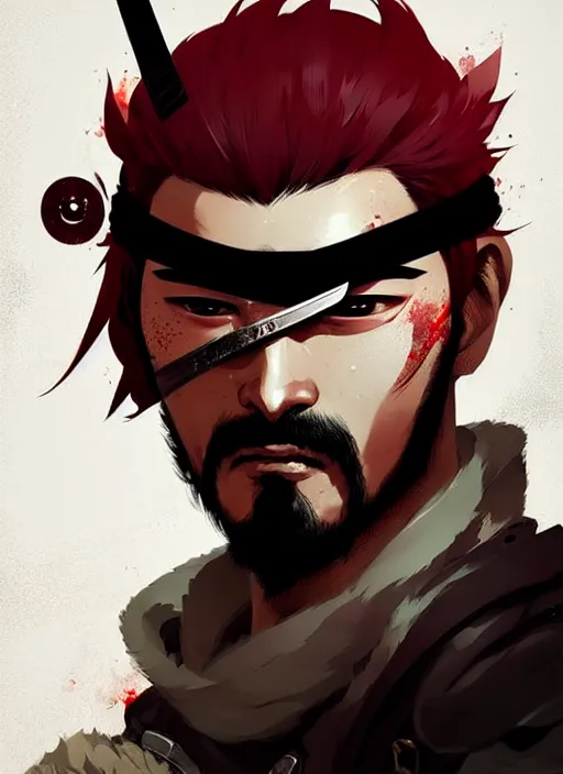 Prompt: highly detailed closeup portrait of xiahou dun with eyepatch, mudoken, by atey ghailan, by greg rutkowski, by greg tocchini, by james gilleard, by joe fenton, by kaethe butcher, gradient red, black, brown and white color scheme, grunge aesthetic!!! white graffiti tag wall background