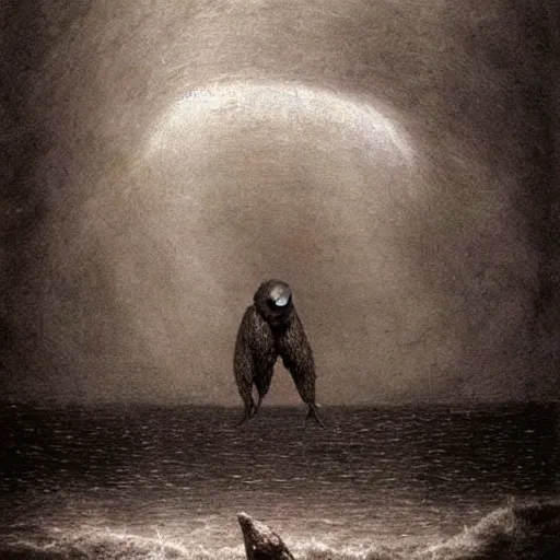 Prompt: sea koala beksinski, eldritch, apocalypse, creepy creature, horror spooky