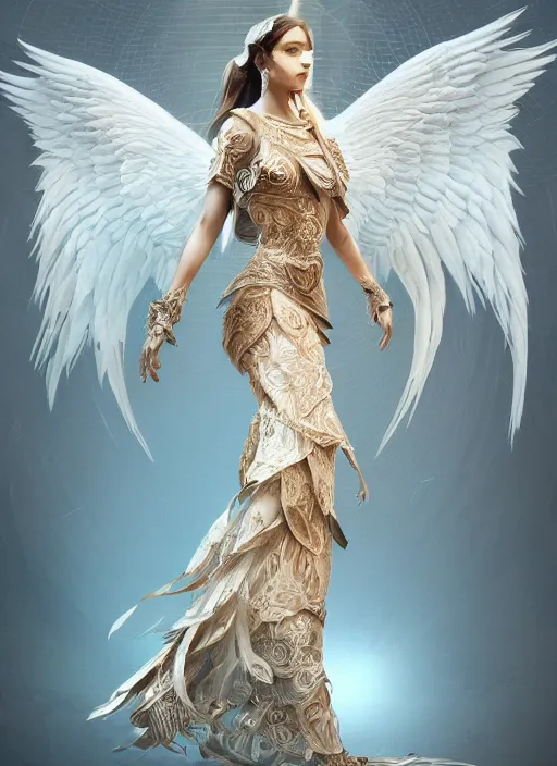 Image similar to intricately designed full body concept art illustration of an angel in intricately designed clothes, octane render, 4k, digital art