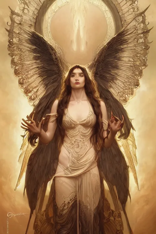 Image similar to portrait of an angelic demon, gates of hell and heaven, godlike, full body, fantasy, intricate, elegant, highly detailed, digital painting, artstation, concept art, sharp focus, illustration, art by artgerm and greg rutkowski and alphonse mucha and ross tran
