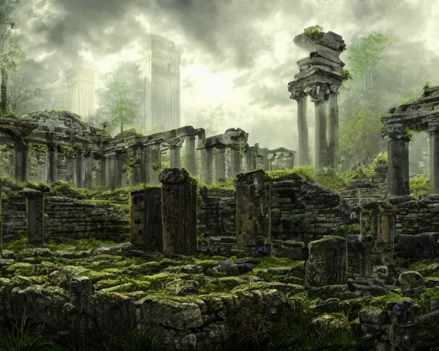 Prompt: Ancient ruins of a city, overgrown, heavy rain, winter, immaculate and epic scale, low angle, looking up, amazing lighting, sunshine filtering through the clouds, digital art, trending on Artstation, hyper-realistic, detailed, ultra detailed