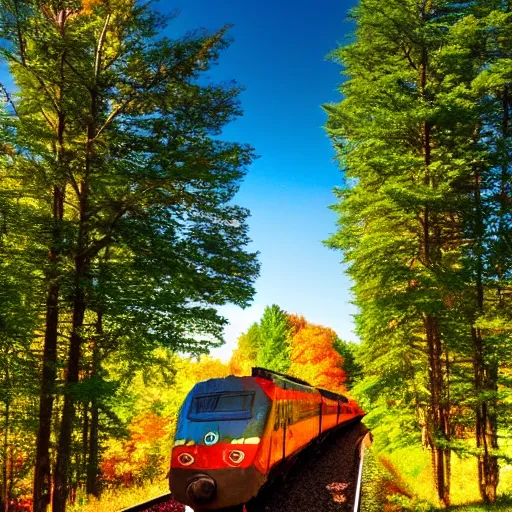 Image similar to train, touring Quebec, trees, scenery, artistic, hyper realistic, golden hour lighting