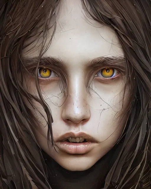 Prompt: symmetry!! portrait of 1 5 - year - old girl with voluminous bushy brown hair, large front teeth, and bright piercing brown eyes, hyper realistic face, beautiful eyes, fantasy art, in the style of greg rutkowski, intricate, hyper detailed, smooth