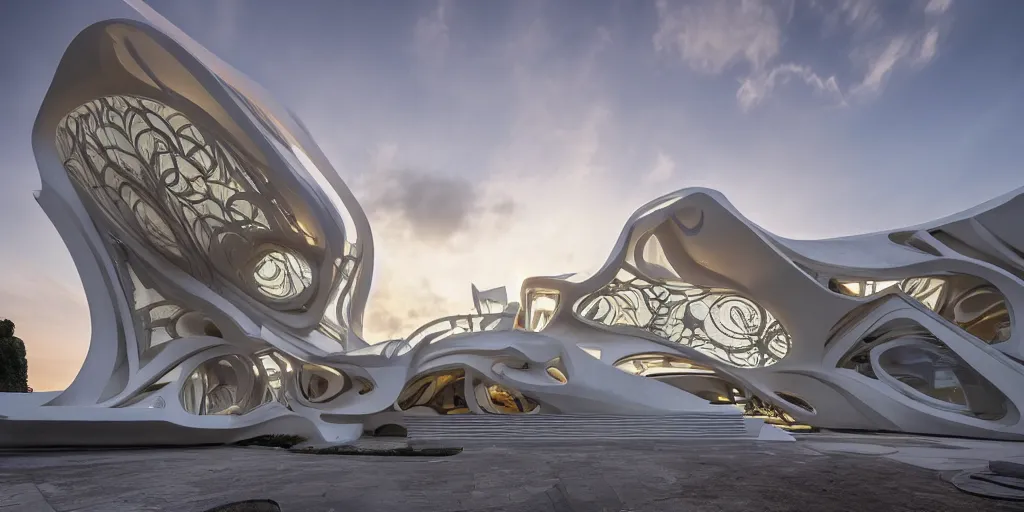 Image similar to extremely detailed ornate stunning sophisticated beautiful house by zaha hadid, stunning volumetric light, sunset, concrete and translucent material, stunning skied, 8k