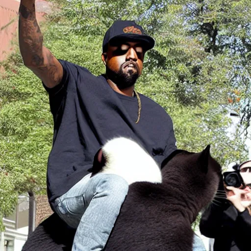 Prompt: Kanye West riding a giant cat