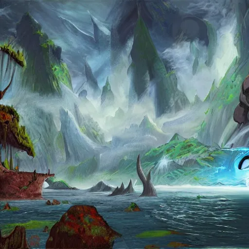 Image similar to a mysterious island, painting, in the style of magic the gathering, fantastical, concept art