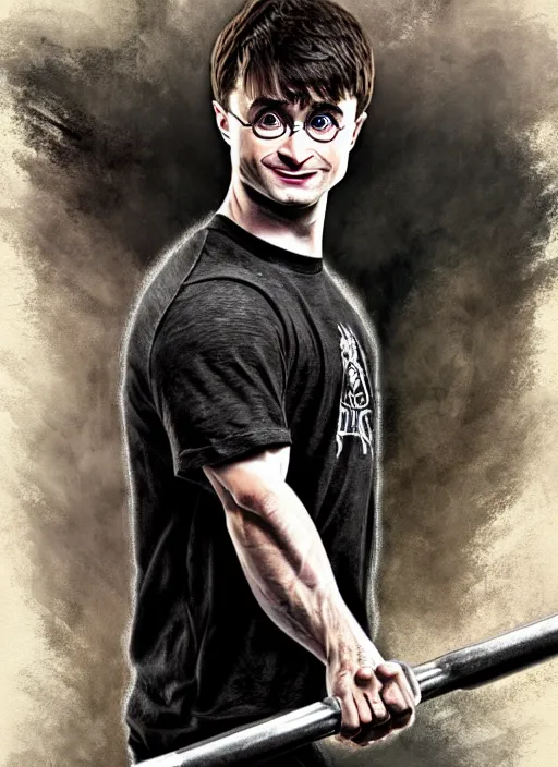 Prompt: a highly detailed portrait of Daniel Radcliffe as Harry Potter doing barbell back squats, wearing a muscle tee shirt, intricate detail, digital painting, old english, raining, sepia, particles floating, whimsical background by marc simonetti, artwork by ross tran + ramond swanland + liam wong