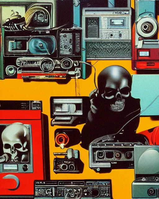 Prompt: a skull observing 8 0 s era technology, vintage shapes, retro technology, vintage color, wayne barlow, oil on canvas, deep depth of field, masterpiece, cinematic composition, hyperdetailed