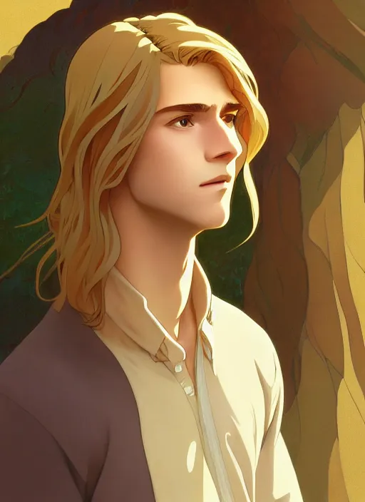 Image similar to pretty young man with shoulder length shiny shimmering golden blond hair, path traced, highly detailed, high quality, digital painting, by studio ghibli and alphonse mucha, leesha hannigan, makoto shinkai, disney