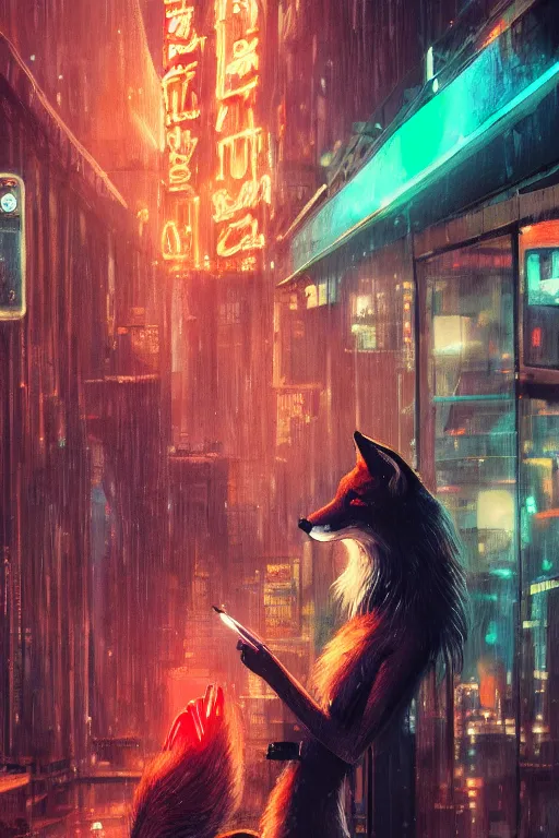 Image similar to beautiful portrait of a tall female anthro fox smoking a cigarette in a bustling crowd of a rainy city street, cyberpunk, harsh neon lights, highly detailed, sharp focus, digital painting, illustration, trending on artstation, art by sakimichan, artgerm