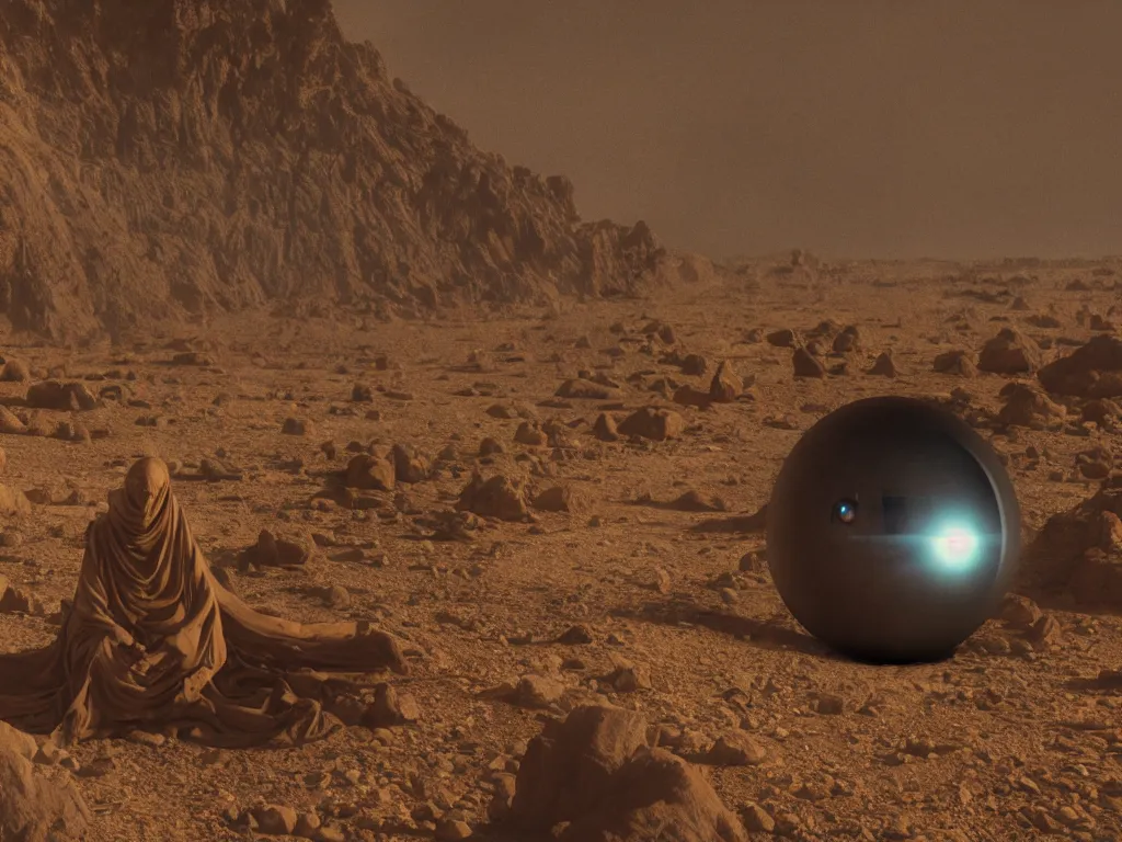 Prompt: levitating glowing bene gesserit in full - face golden mask and glowing eyes in a dry rocky desert landscape, sunny atmosphere, fata morgana giant mirrors, portal, death stranding, spaceship in the sky by christopher doyle and alejandro jodorowsky, anamorphic lens, kodakchrome, cinematic composition, very detailed photo, complex structures, 8 k,