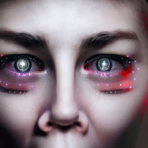 Prompt: photo of young woman, close up, with a cyberpunk camera over right eye with led lights, robotic implants over face with small led lights, white background, fine art photography in the style of Bill Henson