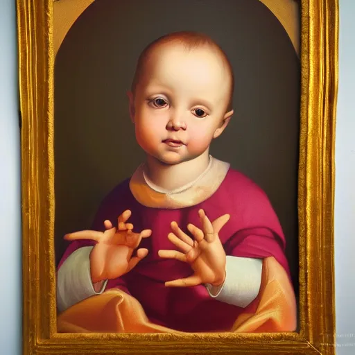 Prompt: Renaissance portrait of a holy catholic baby, trending on art station, 4k UHD, 8k, painting illustration, realistic lighting, high detail