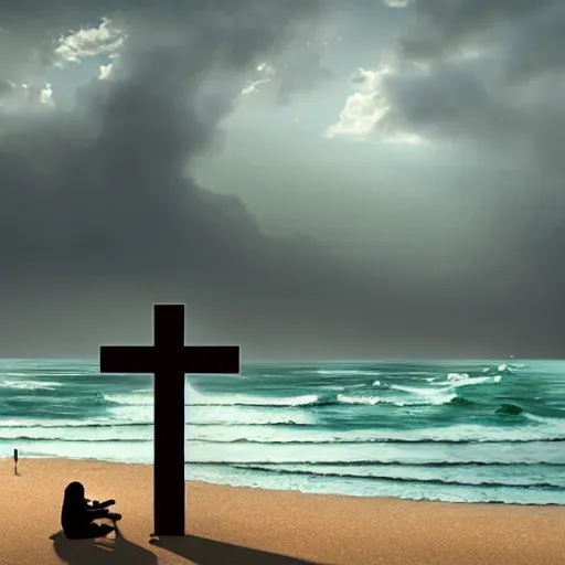 Prompt: a highly detailed vector render of a large cross standing on the beach as a storm comes in with the tide, woman sitting in the sand watching the ocean, epic fantasy, god rays, rocky beach, aerial photography, volumetric lighting, octane render, exquisite detail, 8 k, art by hayao miyazaki and albert bierstadt and alphonse mucha