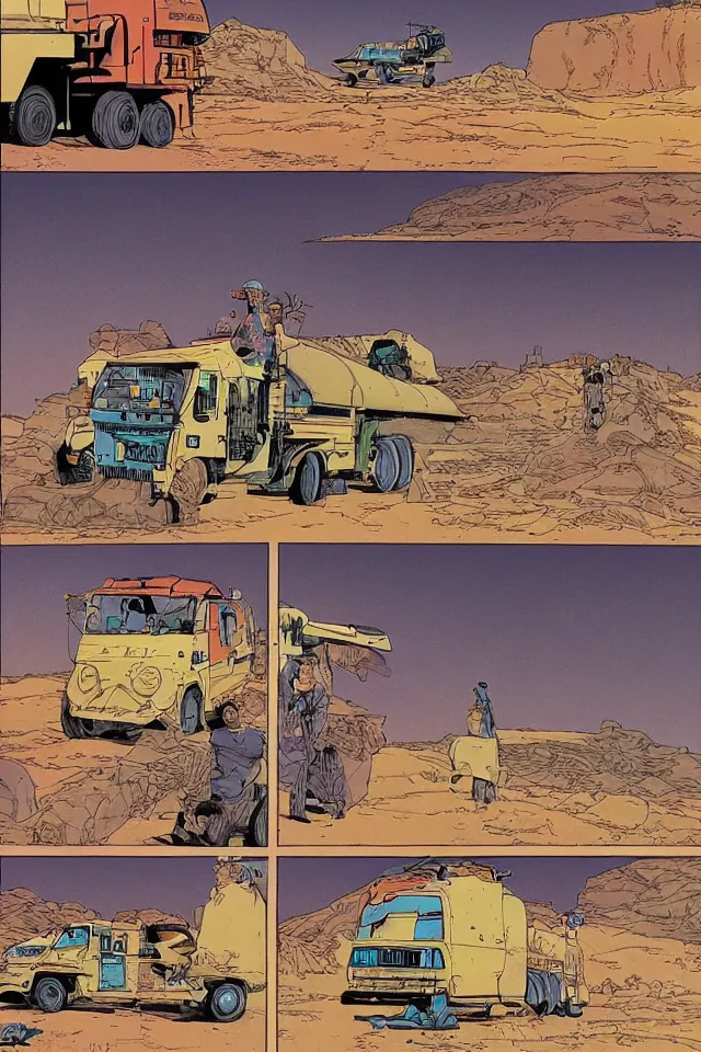 Image similar to colorfull comicpage with panels and speech balloons by Moebius and Jean Giraud showing a futuristic oil truck driving through the desert, airtight garage